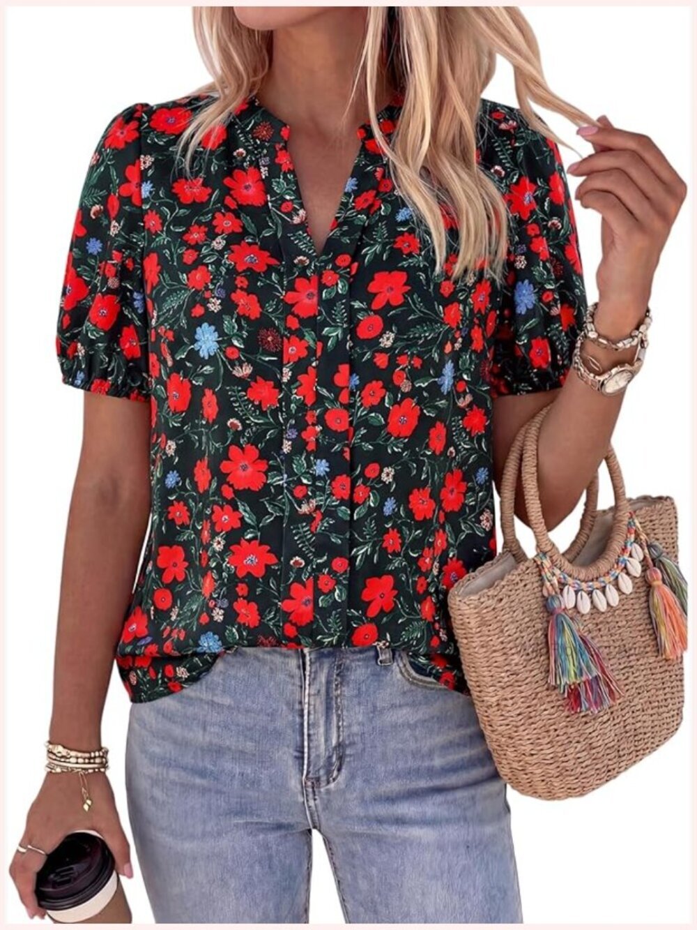 V Neck Puff Sleeve Floral Satin Dressy Casual Blouse Tunic Top